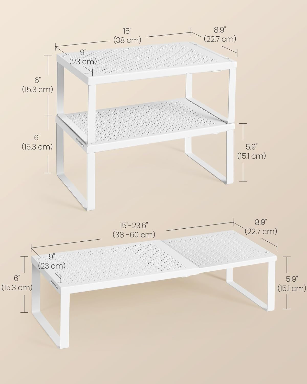Spice Racks, Set of 2 Expandable Kitchen Countertop Shelves, Small Cupboard Organizers, Metal, Space-Saving Tabletop Shelves, Matte White UKCS402W01