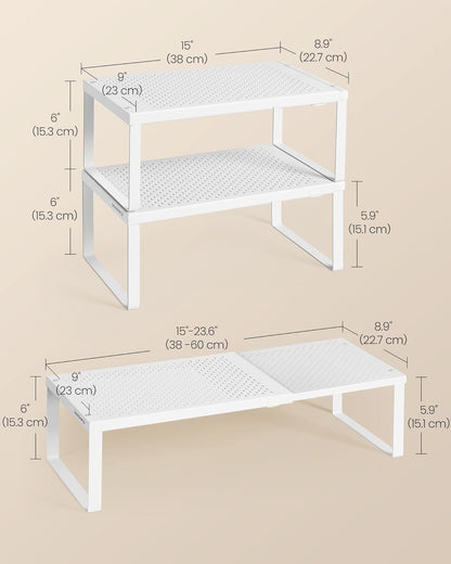 Spice Racks, Set of 2 Expandable Kitchen Countertop Shelves, Small Cupboard Organizers, Metal, Space-Saving Tabletop Shelves, Matte White UKCS402W01