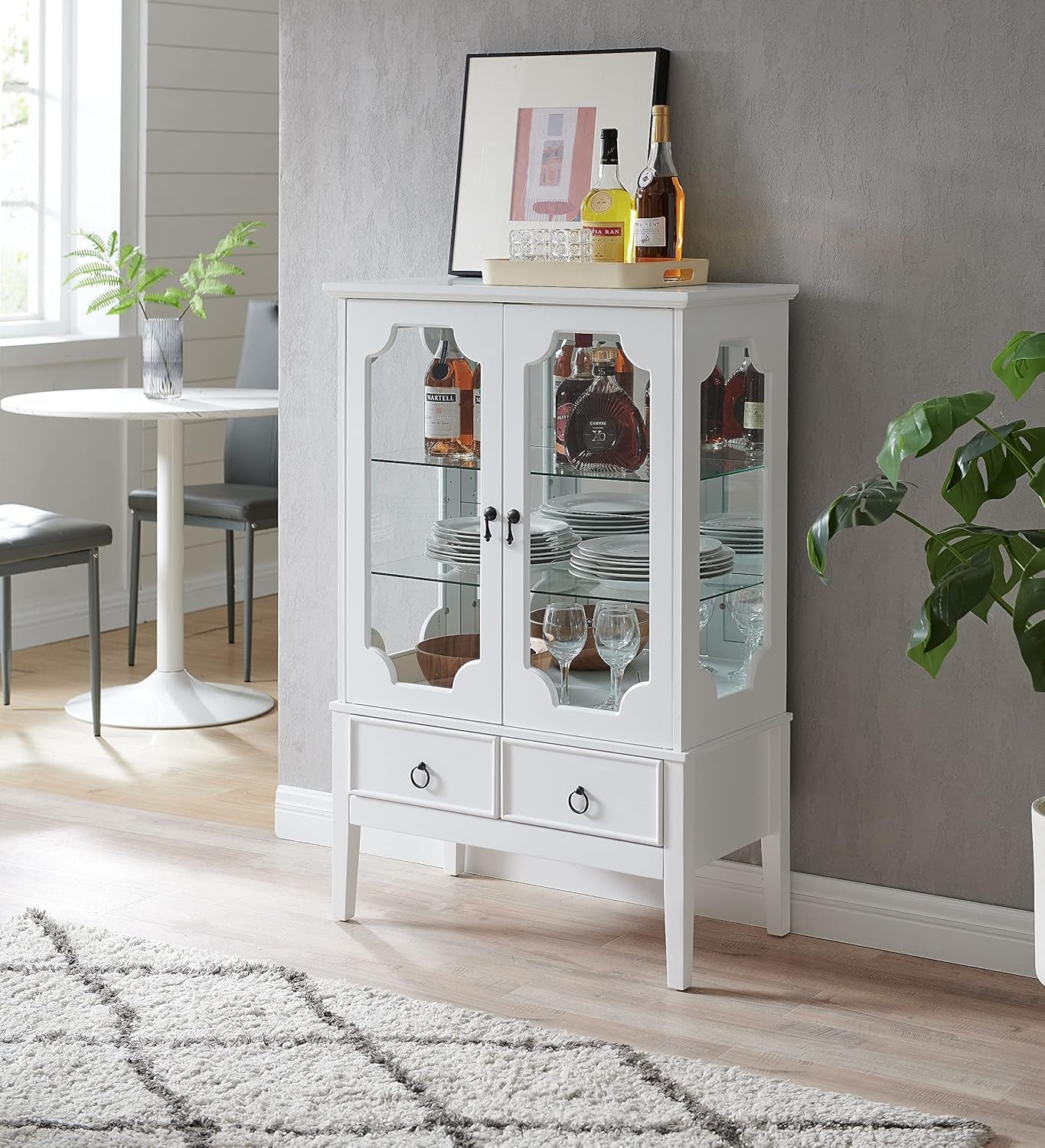 - Curio Accent Storage Cabinet with Doors, Glass Shelves & Drawers - Sideboard Buffet Display Cabinet for Living Room Dining Room Kitchen, White