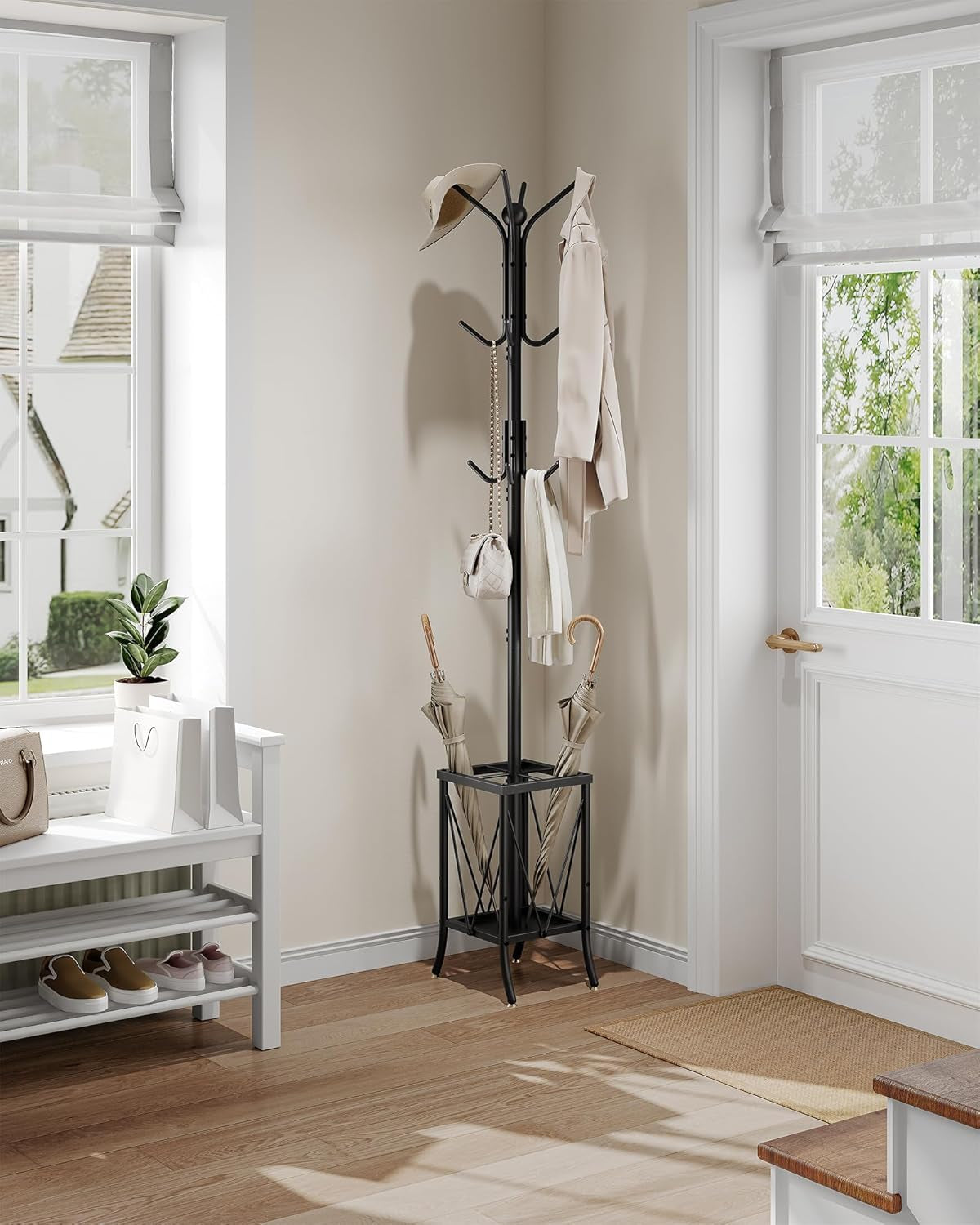 Coat Rack Freestanding, Coat Rack with Umbrella Holder, Entryway Hanger Stand With12 Hooks, Metal Hall Tree for Bags, Coats, Hats, Entryway, Hallway, Living Room, Bedroom, Office Black TYM01BB