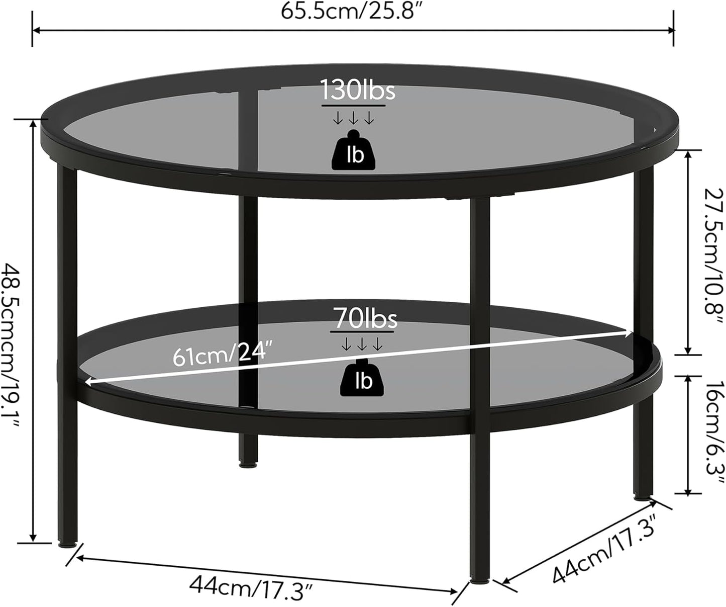 round Glass Coffee Tables for Living Room, 2-Tier Circle Coffee Table with Storage, 26" Modern Center Accent Table with Light Black Glass, Small End Table for Small Space, Bedroom