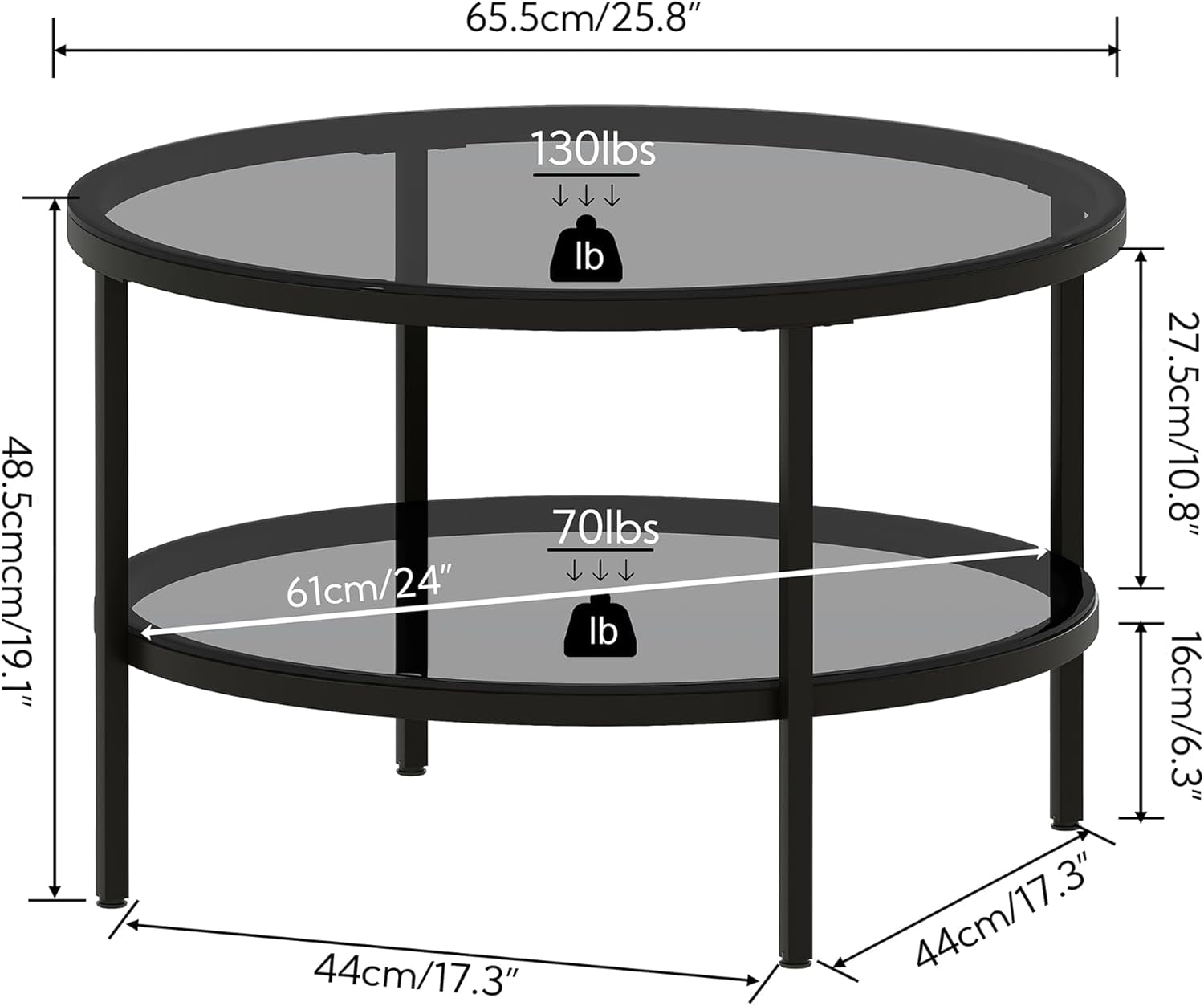 round Glass Coffee Tables for Living Room, 2-Tier Circle Coffee Table with Storage, 26" Modern Center Accent Table with Light Black Glass, Small End Table for Small Space, Bedroom