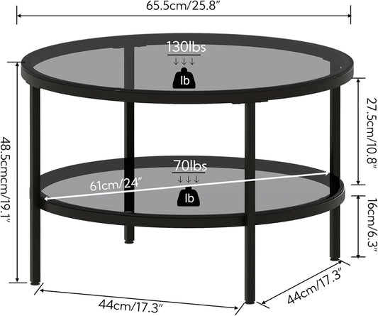 round Glass Coffee Tables for Living Room, 2-Tier Circle Coffee Table with Storage, 26" Modern Center Accent Table with Light Black Glass, Small End Table for Small Space, Bedroom