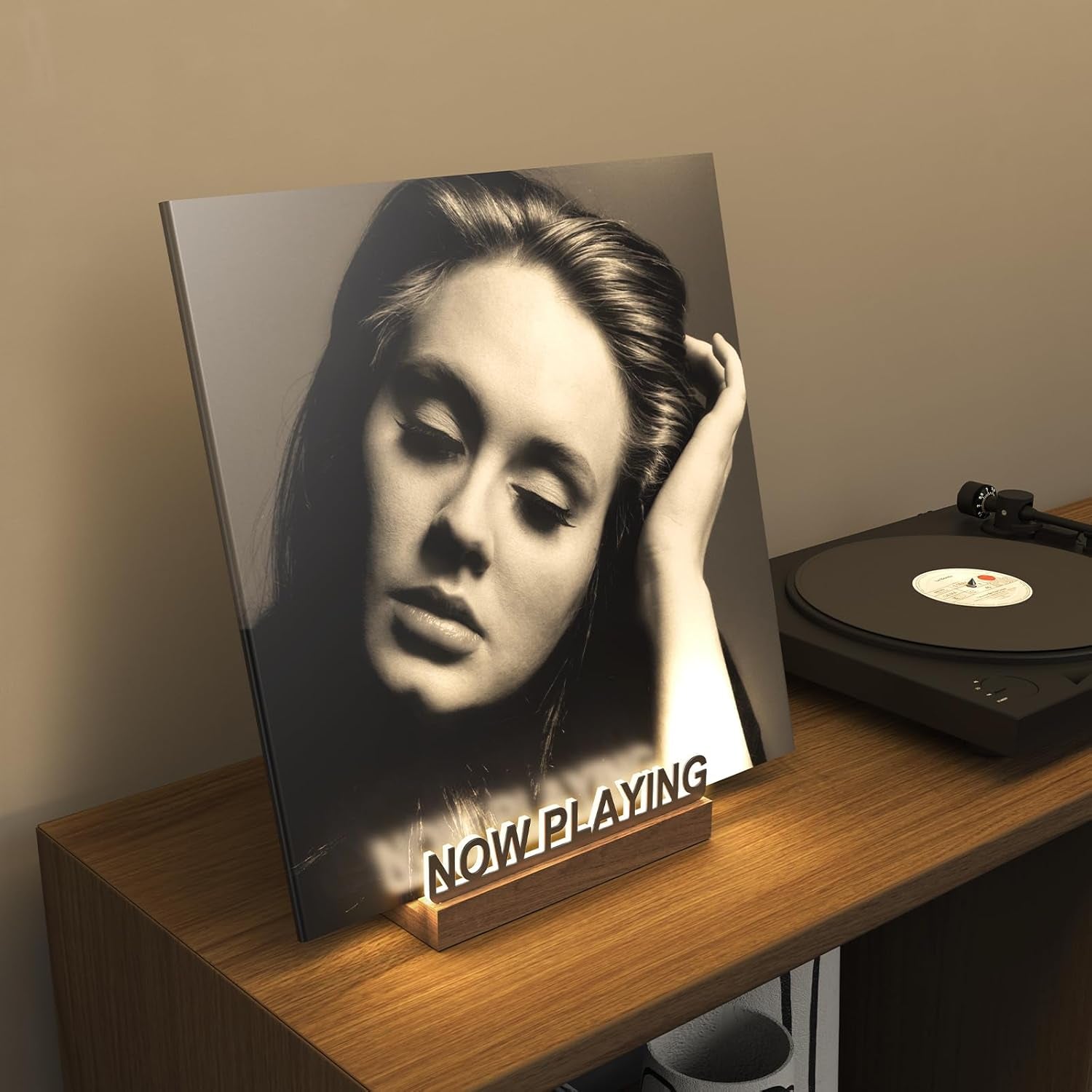Now Playing Vinyl Record Stand, Light up Vinyl Record Display Stand, Holder for Album Display Storage, Warm White Light with Fingerprint-Proof Acrylic Letters (Silver Letters)