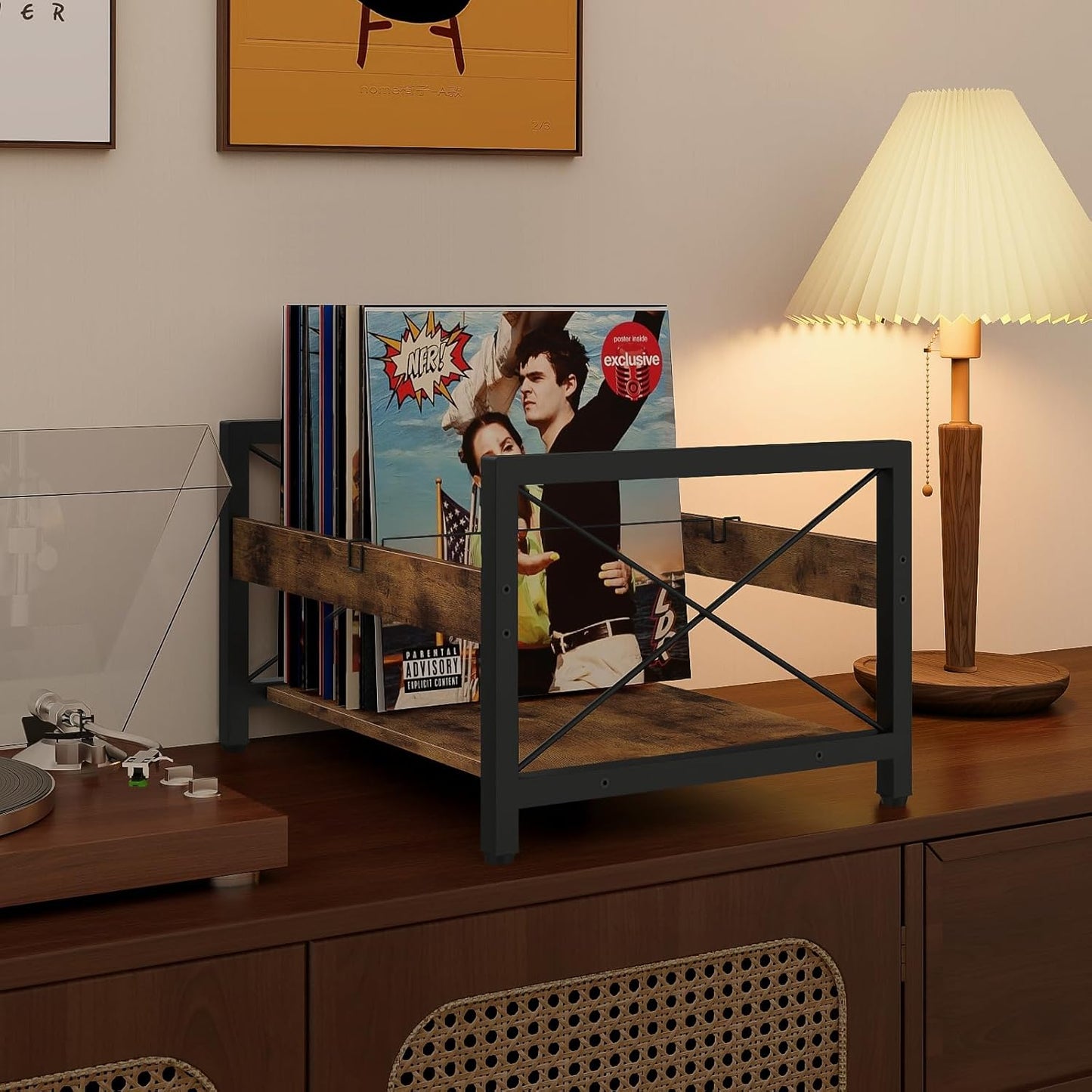 Vinyl Record Holder, Wooden Record Crate Fits 7” -12” Records, Vinyl Shelf Holds up to 50-100 Albums, Dvds, Cds or Files Wood Book Storage Stand Desktop Organizer Box, Rustic Brown