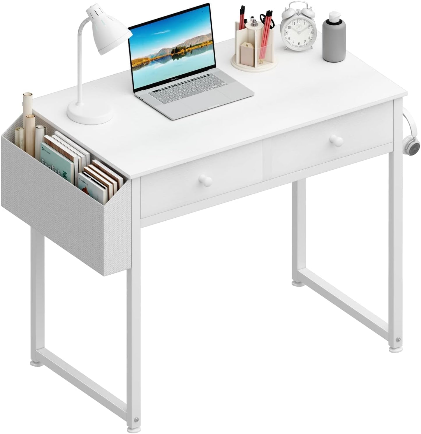 Small White Kids Desk with Drawers for Bedroom, 32 Inch Home Office Desks with Fabric Storage Drawer and Bag, Study Writing Vanity Table for Small Spaces, White