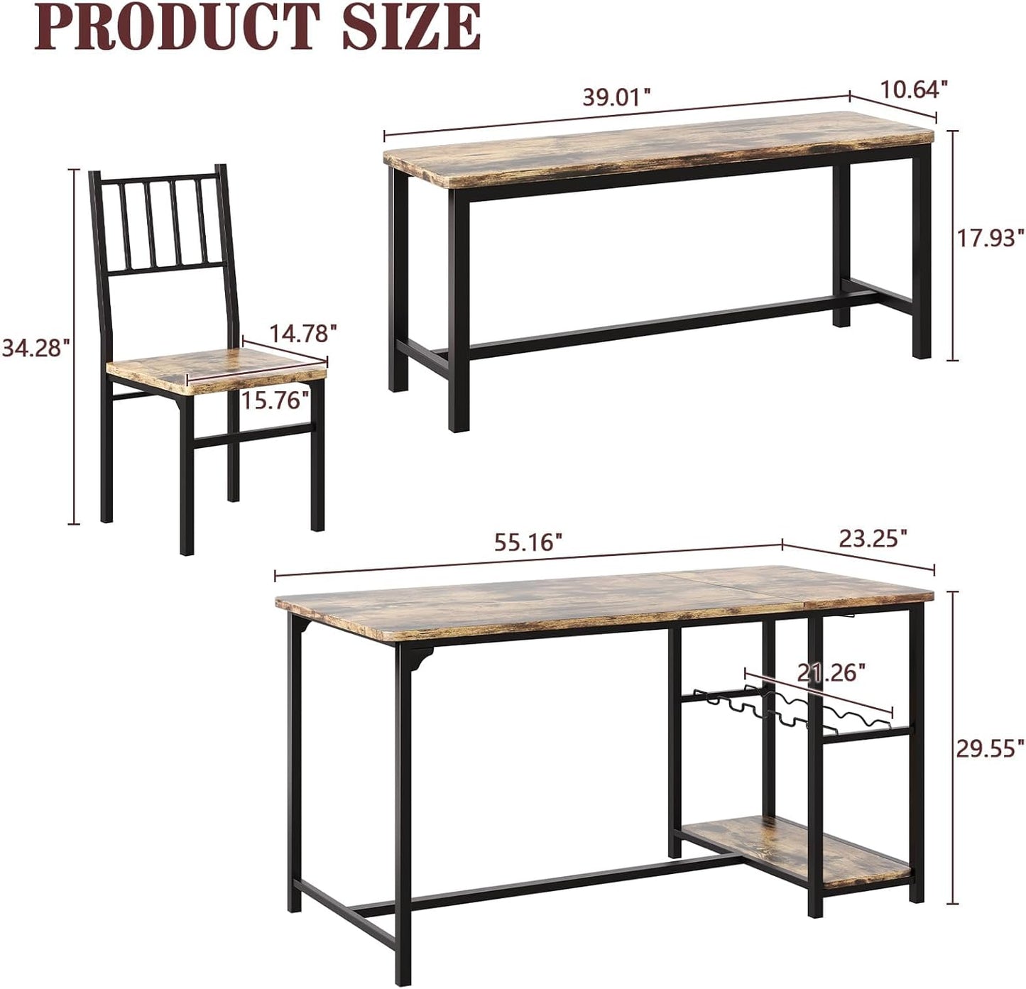 Dining Room Table Set for 4, 55" Kitchen Table Set with Storage Shelf, Wine Rack & Wine Glasses Holder, Dining Table for 4 with Chairs and Bench for Dining Room, Kitchen, Grey