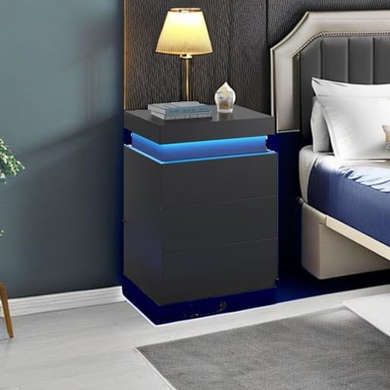LED Nightstands Set of 2,Night Stands for Bedroom Set of 2,Nightstand with Charging Station and Sliding Top,Bedside Table with Power Outlets & Drawers,Modern End Side Table (Black)