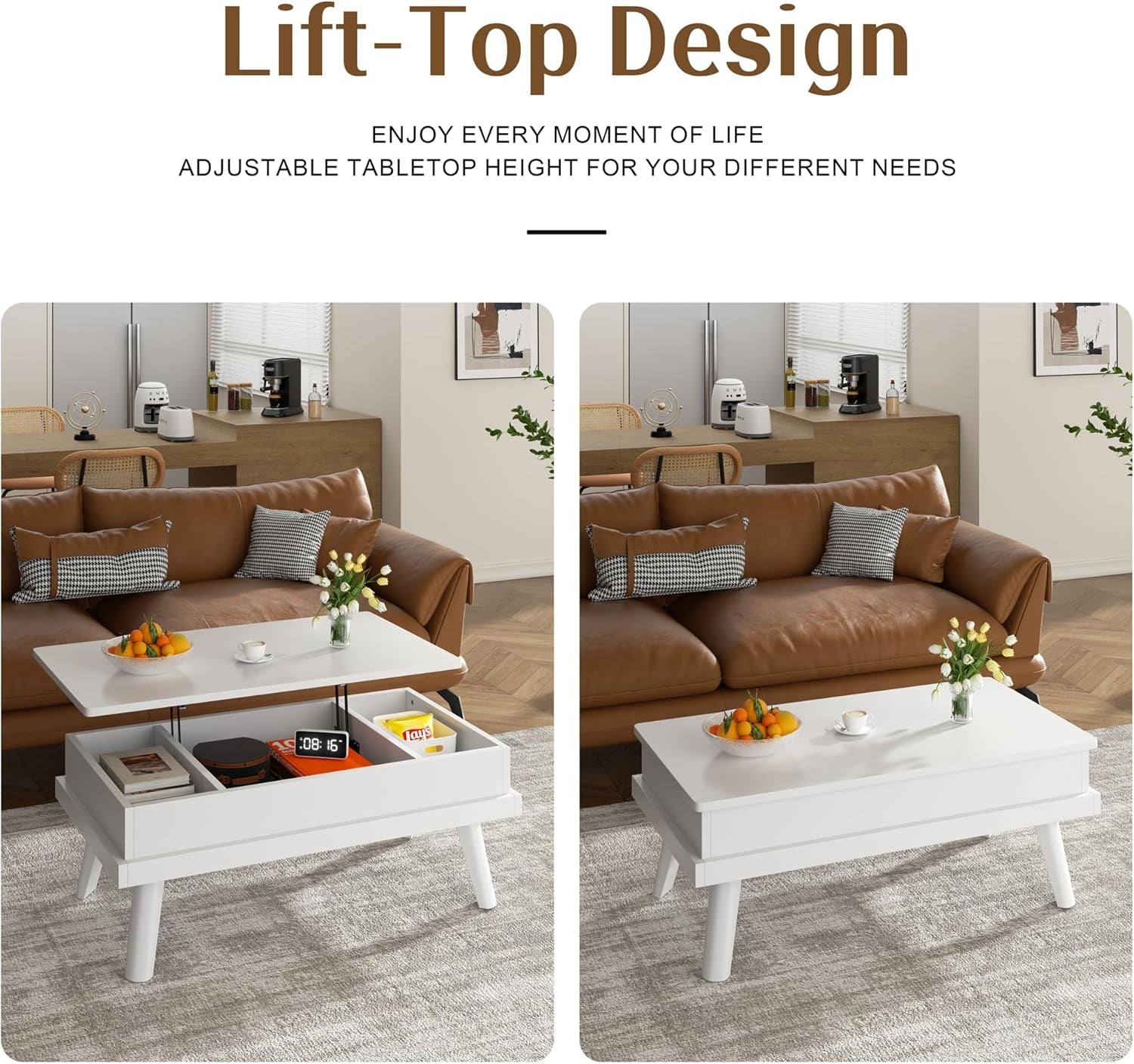 Coffee Table, Lift Top Coffee Table with Hidden Compartment, Rising Tabletop Dining Table, Lift Top Coffee Center Table for for Living Room, Office, Home (White)