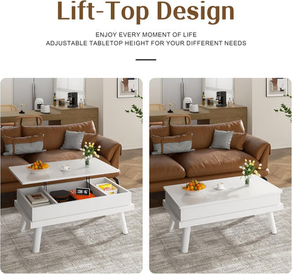 Coffee Table, Lift Top Coffee Table with Hidden Compartment, Rising Tabletop Dining Table, Lift Top Coffee Center Table for for Living Room, Office, Home (White)
