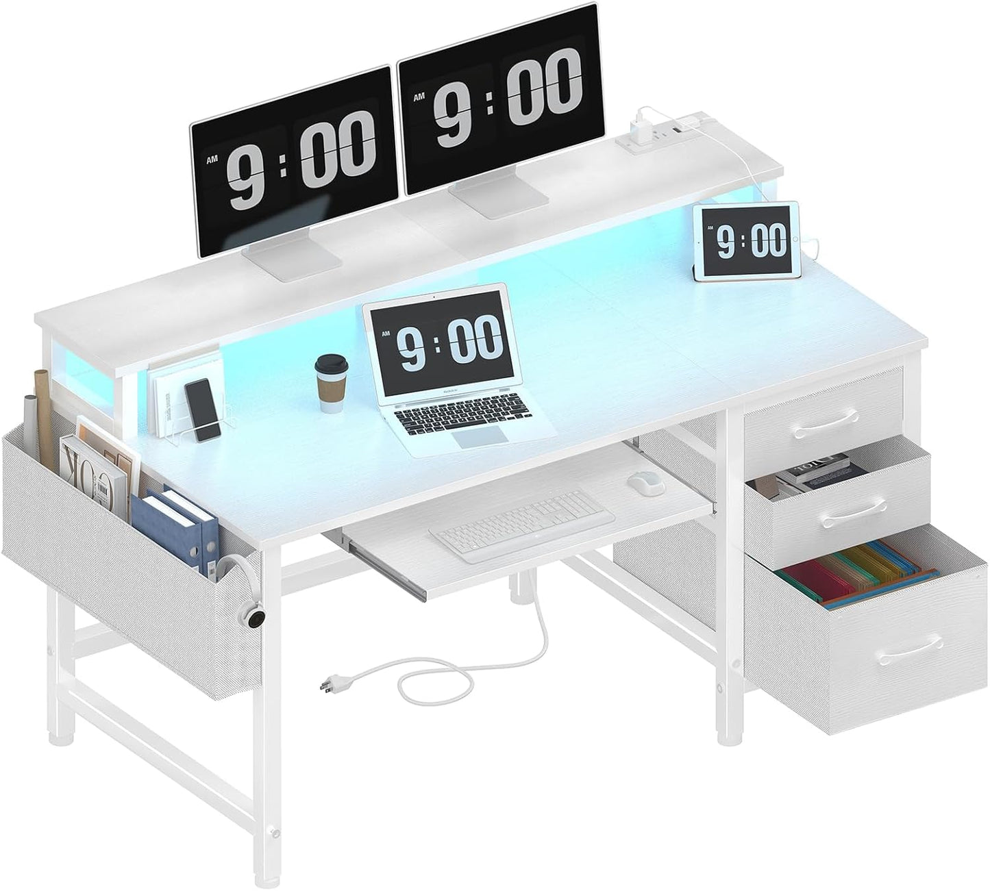 Gaming Desk with LED Lights and Power Outlets, 47 Inch Home Office Desks with Keyboard Tray, White Computer Desk with File Drawers Cabinet, Writing Table PC Desks with Monitor Stand, White