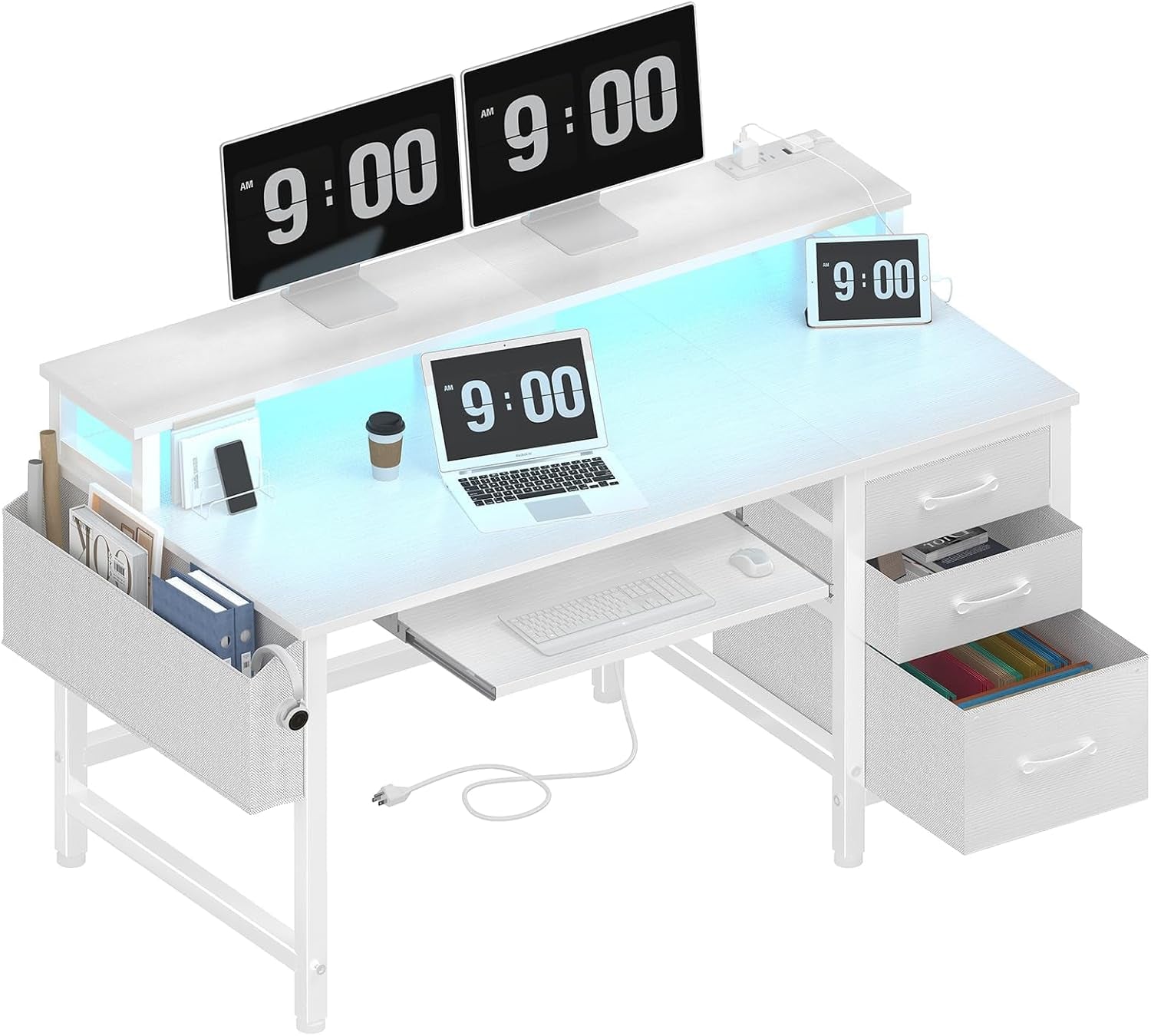 Gaming Desk with LED Lights and Power Outlets, 47 Inch Home Office Desks with Keyboard Tray, White Computer Desk with File Drawers Cabinet, Writing Table PC Desks with Monitor Stand, White