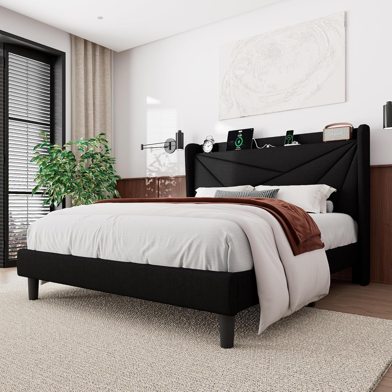 Queen Size Bed Frame with Charging Station, Linen Upholstered Platform Bed Frame with Wingback Storage Headboard, Solid Wood Slats Support, No Box Spring Needed, Noise Free, Black