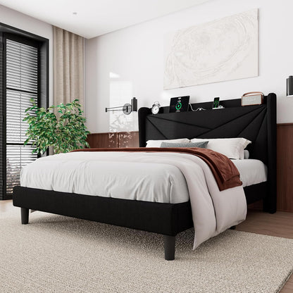 Queen Size Bed Frame with Charging Station, Linen Upholstered Platform Bed Frame with Wingback Storage Headboard, Solid Wood Slats Support, No Box Spring Needed, Noise Free, Black