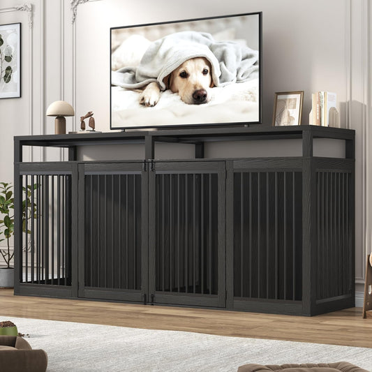 87In Farmhouse Dog Crate TV Stand, Wooden Dog Kennel Furniture with 2 Doors, Large Dog Crate Furniture for 2 Dogs, Solid Metal Tube & 4 Lockable Doors, Black
