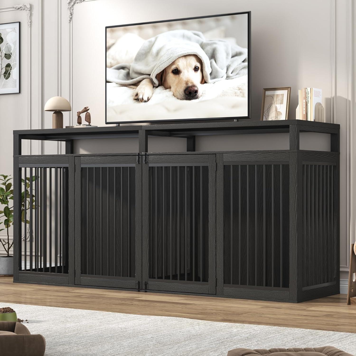 87In Farmhouse Dog Crate TV Stand, Wooden Dog Kennel Furniture with 2 Doors, Large Dog Crate Furniture for 2 Dogs, Solid Metal Tube & 4 Lockable Doors, White