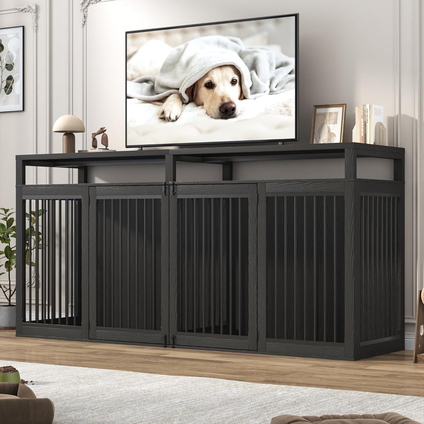 87In Farmhouse Dog Crate TV Stand, Wooden Dog Kennel Furniture with 2 Doors, Large Dog Crate Furniture for 2 Dogs, Solid Metal Tube & 4 Lockable Doors, Grey