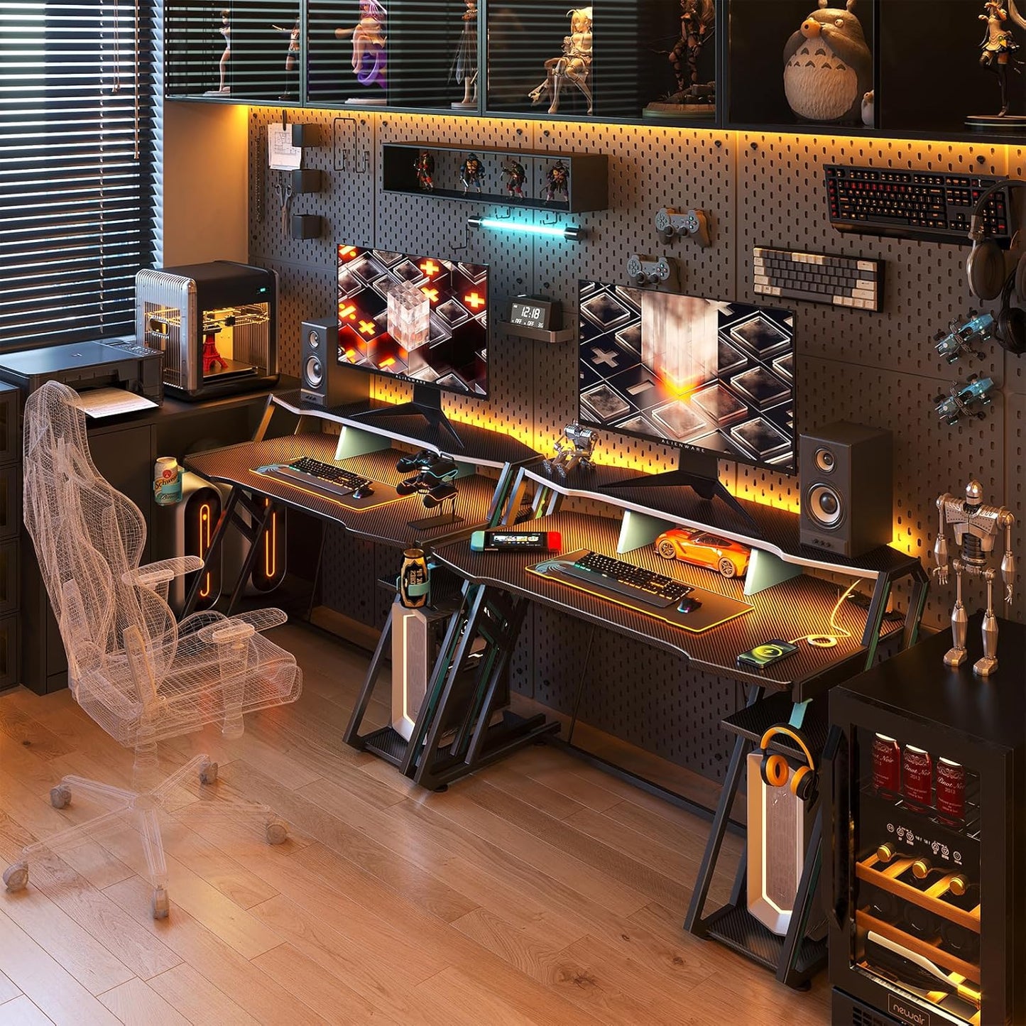 Gaming Desk with Power Outlet & LED Lights, Computer Desk 48 Inch with PC Storage Shelf, Gaming Table with Carbon Fiber Texture, Gamer Desk, Gift for Boys Men, Black