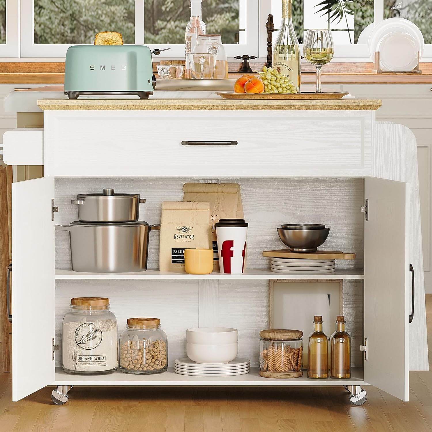 Kitchen Island Table with Storage, Rolling Kitchen Cart with Power Outlet, Storage Cabinets on Wheels with Drop Leaf, Portable for Dining Room, White