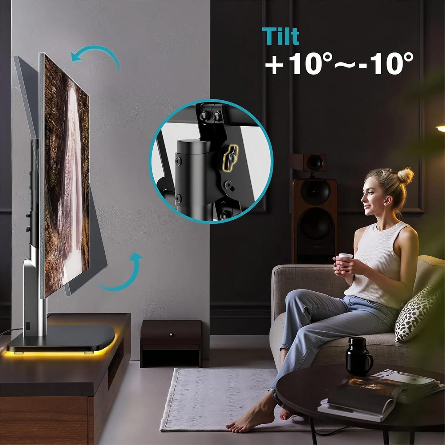 Universal TV Stand Tabletop TV Mount with Power Outlet for 50-90 Inch OLED LED Monitors, 9 Levels Height Adjustment, Ambient Lighting on the Bottom Holds up to 150Lbs, Black 600X400Mm