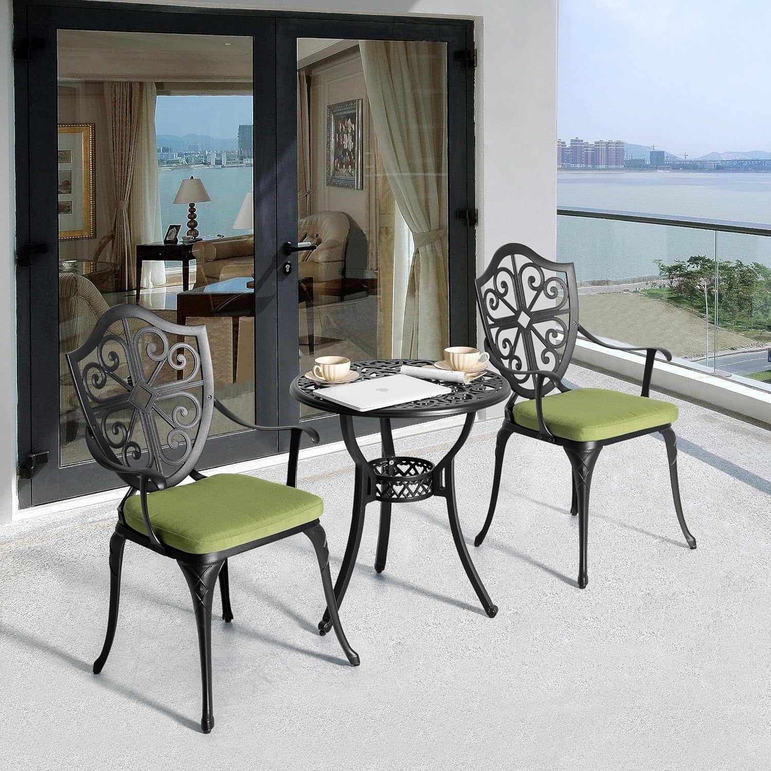 Outdoor 3-Piece Bistro Set with Cushions, round 24 Inch Cast Aluminum Bistro Table with 2.17" Umbrella Hole, 2 Cast Aluminum Bistro Chairs, for Patio, Garden, Backyard and Balcony, Black