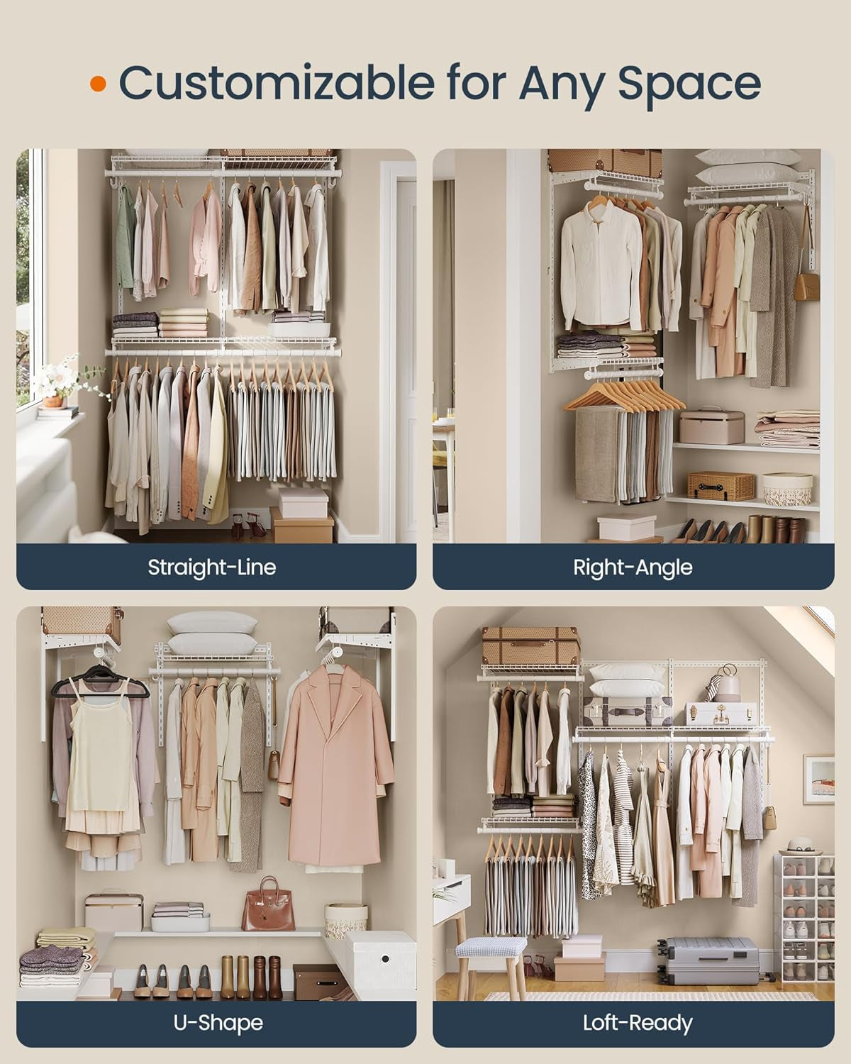 HOME Closet System, Closet Insert Organizer, 4-6 Ft, Adjustable Metal Shelving Unit with 4 Hanging Rods, 4 Shelves, and Hooks, for Pantry Mudroom Garage Basement, Cloud White URGR031W01