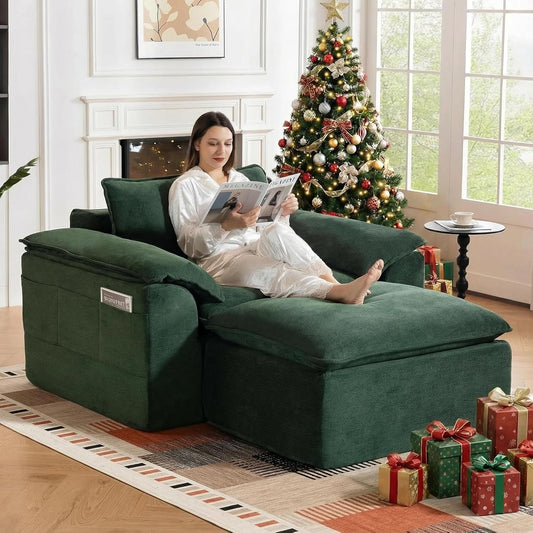 Chaise Lounge Chair Indoor, 56" Oversized Chenille Upholstered Boneless Sofa Bed, Deep Seat Sleeper Couch Reading Chairs, Cloud Sofas Couches for Living Room, No Assembly Required (Green)