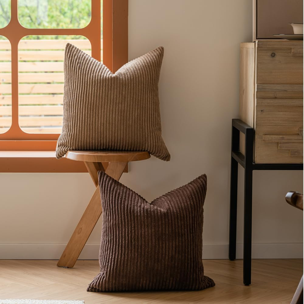 Neutral Couch Throw Pillow Covers 18X18 Inch Set of 4 Decorative Farmhouse Boho Throw Pillows for Living Room, Couch, Bed, Sofa Soft Corduroy Accent Home Decor (Neutral Brown, 18X18 Inch)