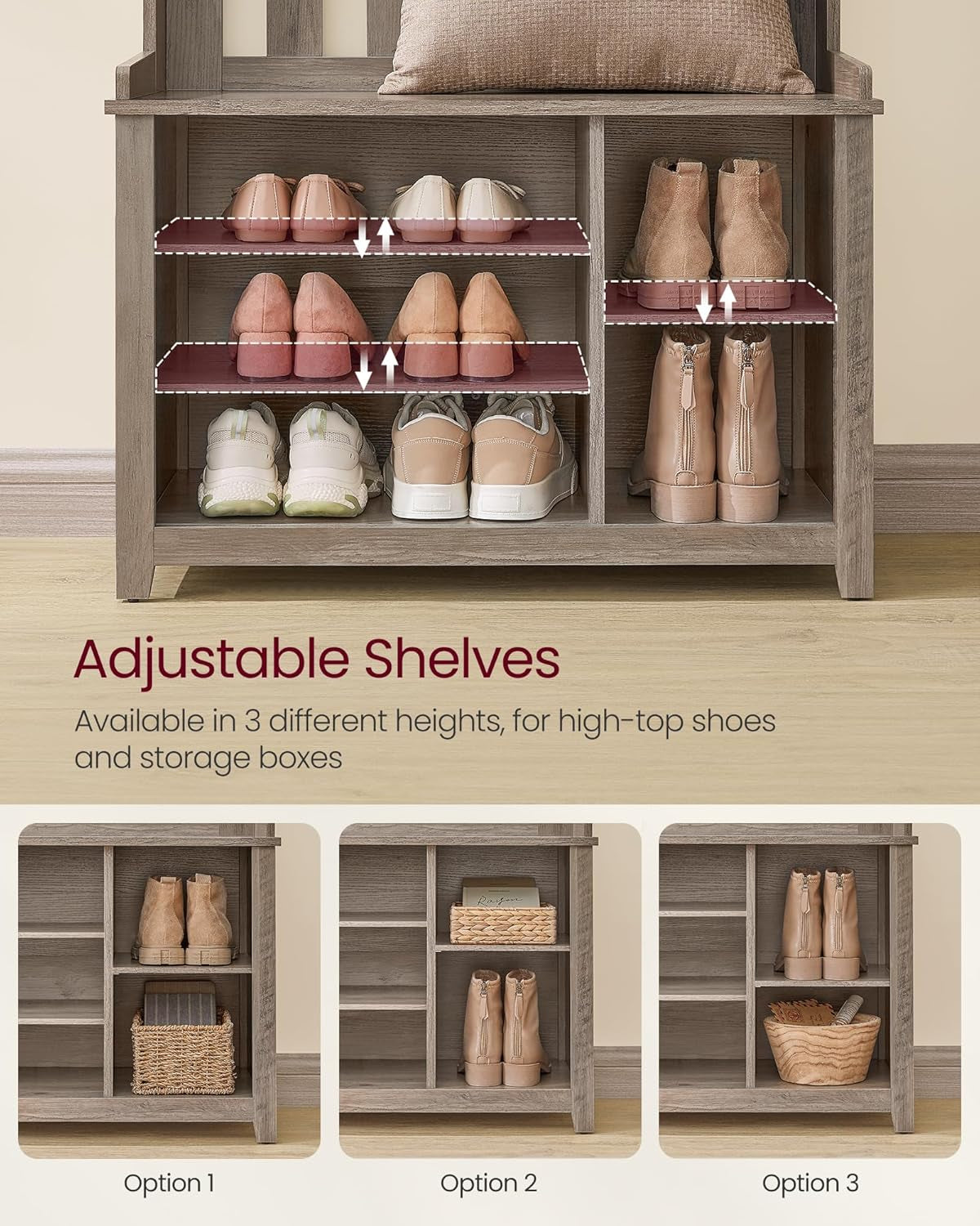 Hall Tree with Bench and Shoe Storage, Coat Rack with Shoe Bench, 7 Double Hooks for Jackets, Hats, Entryway, Bedroom, Living Room, 13.8 X 31.9 X 70.9 Inches, Rustic White UHSR414W01
