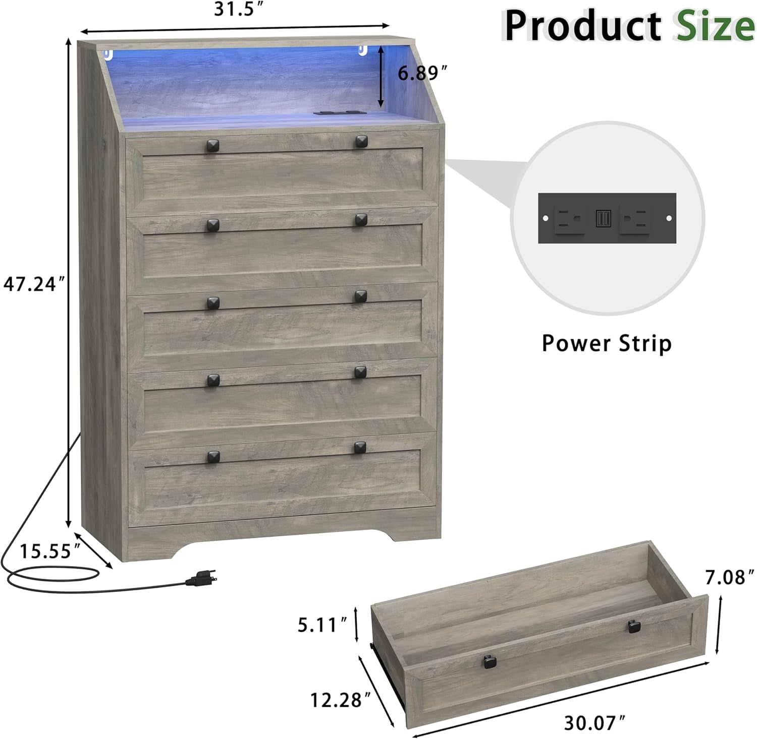 Grey Dresser Tall 5 Drawer Dresser for Bedroom, Wood Chest of Drawers with LED Lights, Charging Station, Metal Handles, Modern Storage Cabinet and Organizer Drawers for Living Room, Hallway