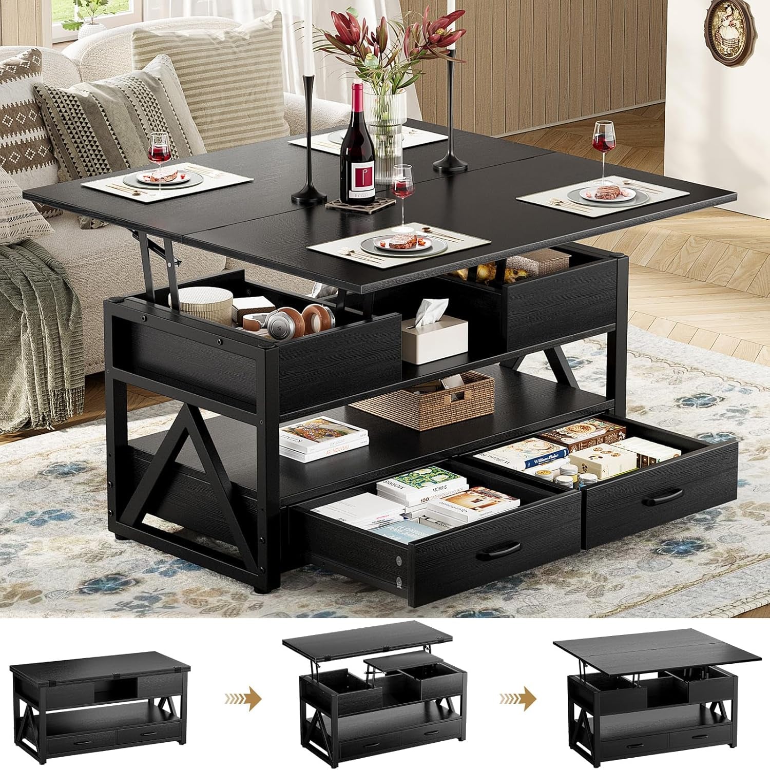 40" Lift Top Coffee Table,4 in 1 Multi-Function Lift Coffee Tables with Storage Drawers and Hidden Compartmen,Farmhouse Coffee Table with Lifting Top for Living Room,Black