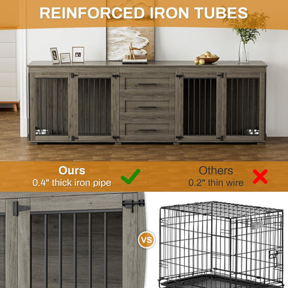 94.5" Large Dog Crate Furniture for 2 Dogs, Double Wooden Dog Kennel Furniture with 4 Dog Bowls & 3 Drawers, Heavy Duty Indoor Furniture Style Dog Cage TV Stand/Table/House, Black