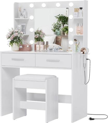 Vanity Desk with Mirror, Makeup Table with 2 Large Drawers, Power Outlet and round Holder, 3 Color Modes Adjustable Bulb, Bench Included, White