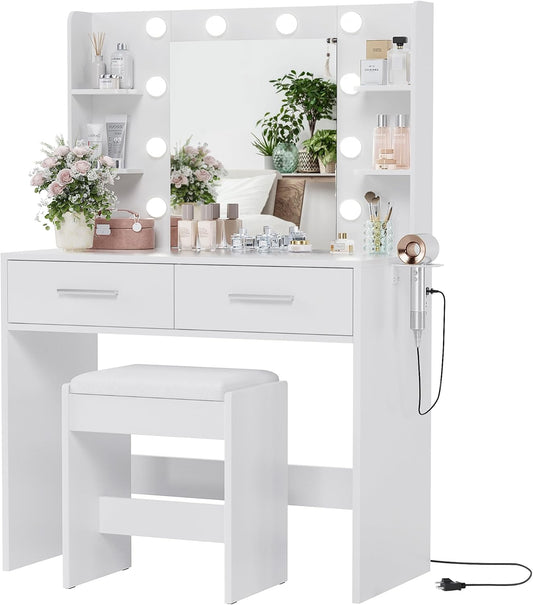 Vanity Desk with Mirror, Makeup Table with 2 Large Drawers, Power Outlet and round Holder, 3 Color Modes Adjustable Bulb, Bench Included, White