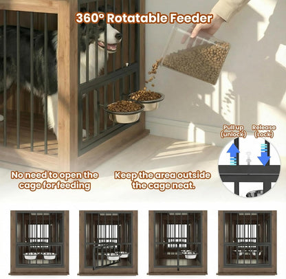 71'' Furniture Style Double Dog Crate with 3 Fluted Drawers and Waterproof Woodgrain Tabletop,Large Dog Kennel Furniture with Type-C Power Outlet & Rotating Feeders for Heavy Duty Dogs
