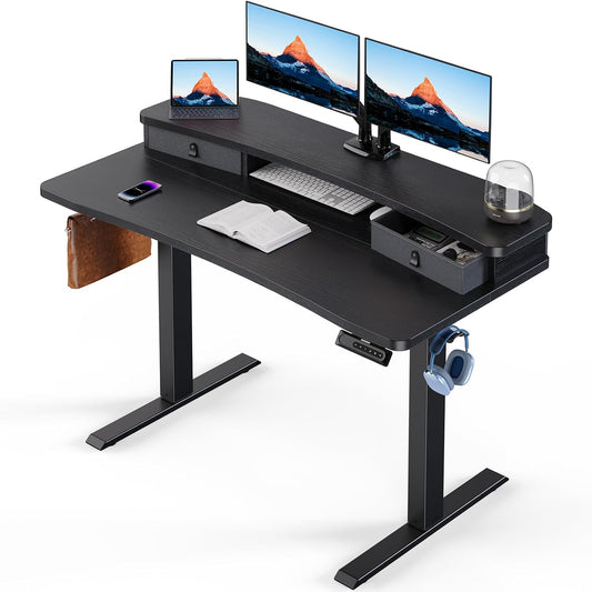 48″ X 24″ Electric Standing Desk with 2 Drawers, C-Clamp Mount Compatible, Height Adjustable Computer Desk, Home Office Stand up Desk with 4 Preset Heights & 2 Hooks, Black
