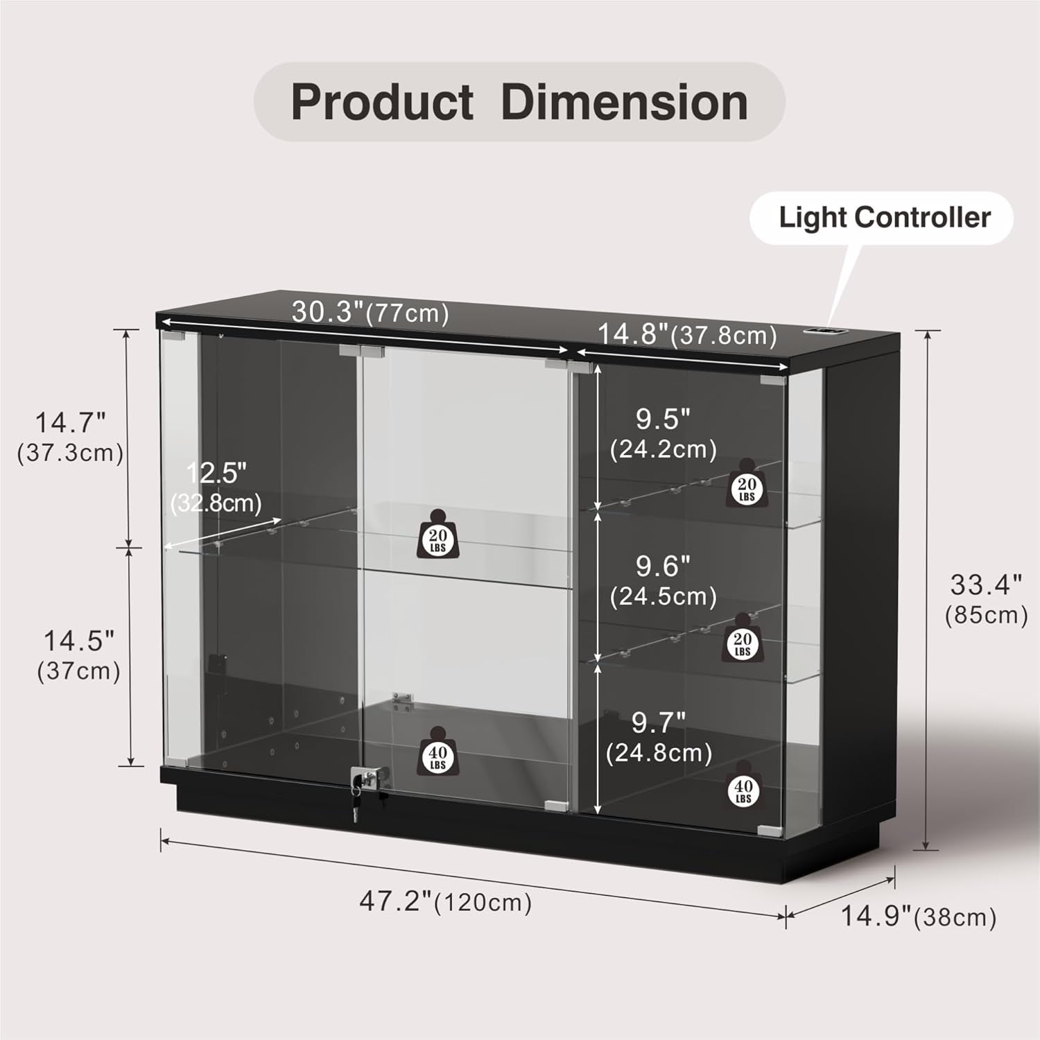 Glass Display Cabinet with Lock & LED Light, High Gloss Sideboard with Human Body Sensor & Glass Shelves for Toys, Books, Collectibles, Liquor, Bookcase for Living Room, Kitchen, Study, Black