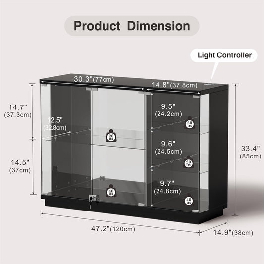 Glass Display Cabinet with Lock & LED Light, High Gloss Sideboard with Human Body Sensor & Glass Shelves for Toys, Books, Collectibles, Liquor, Bookcase for Living Room, Kitchen, Study, Black