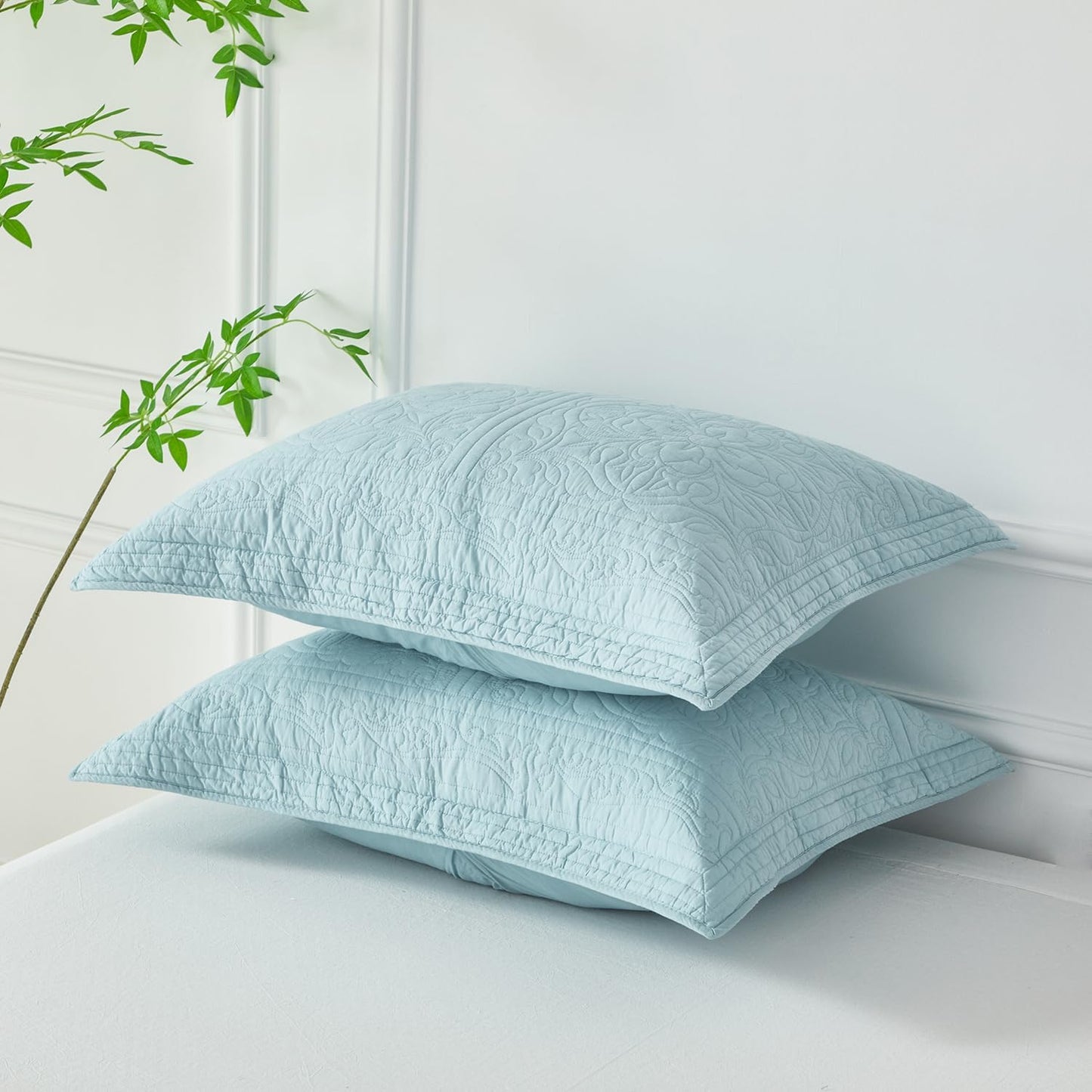 100% Cotton Quilted Pillow Sham Floral Printed Pillow Cover King Size (Baby Blue)