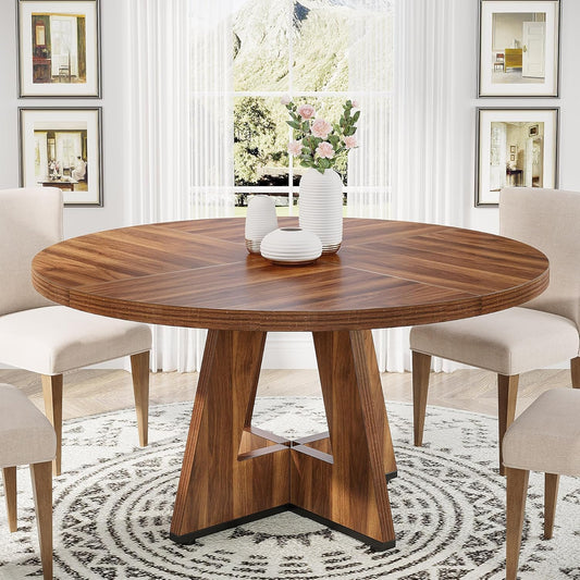 47" Dining Table Farmhouse round Kitchen Table for 4, Rustic Brown Wood Dinner Table with Cross Base for Living Room Dining Room