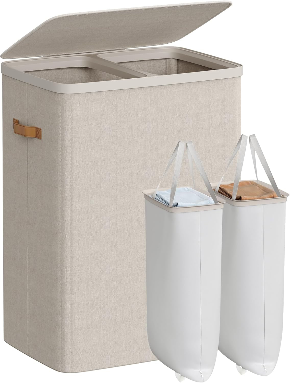 Laundry Basket, 44.9 Gal. Laundry Hamper, 2 Compartments, Easy Assembly, with Lid and Handles, Removable Liners, 22 X 15.7 X 29.5 Inches, Cappuccino Beige ULCB813L01