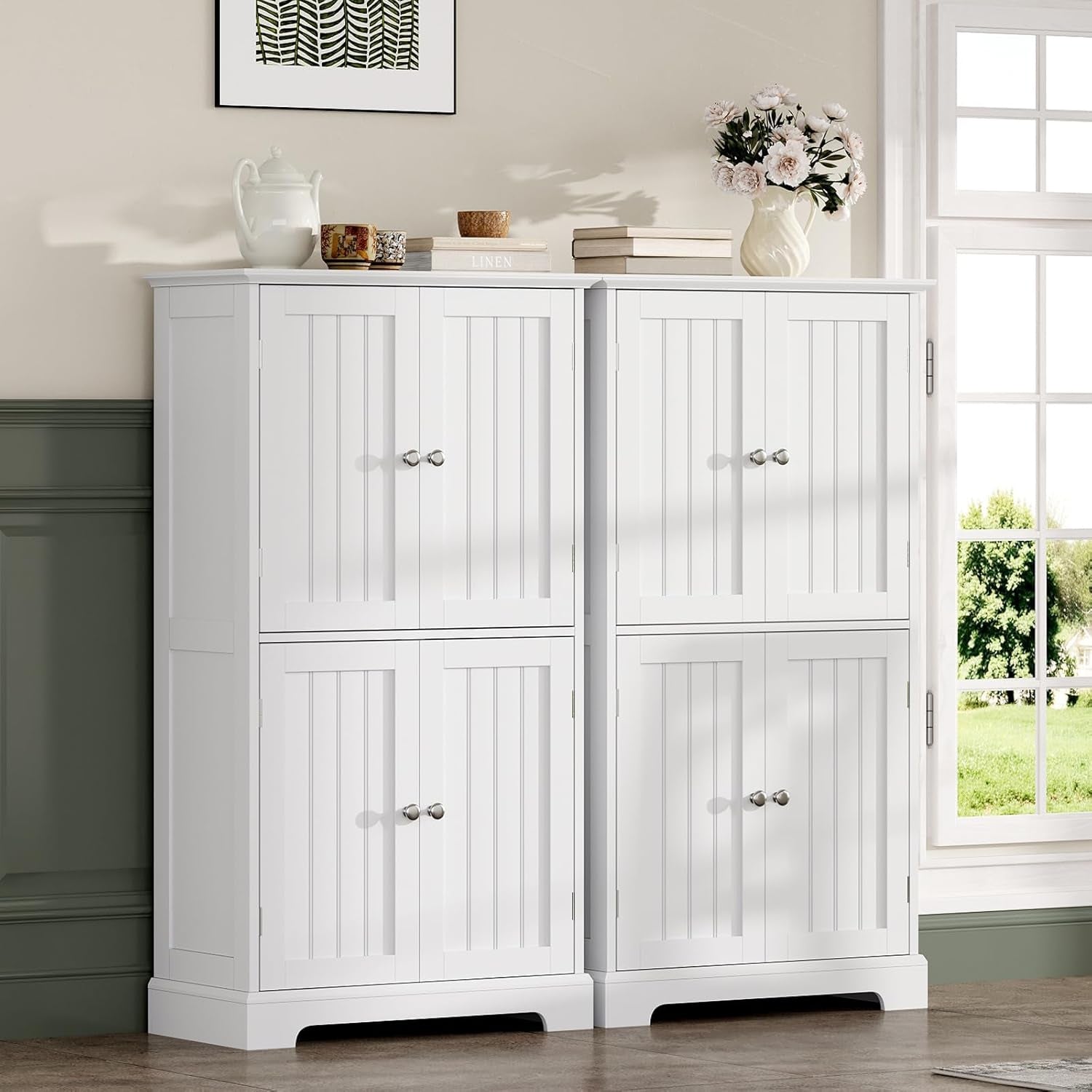 Bathroom Floor Cabinet, Modern Bathroom Storage Cabinet with 4 Doors and Adjustable Shelves, Freestanding Cupboard for Living Room, White