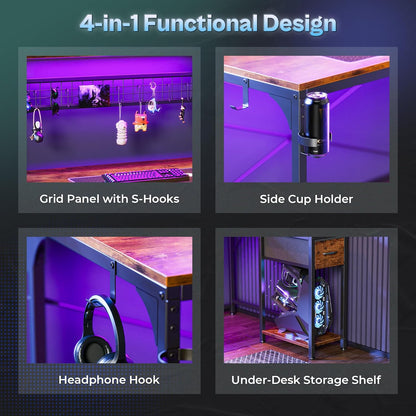 L Shaped Gaming Desk with Shelves, Corner Computer Table with LED Lights, Power Outlets and USB-C Ports, 50 Inch Reversible Home Office Desk with Storage Drawer, Work and Study, Rustic Brown