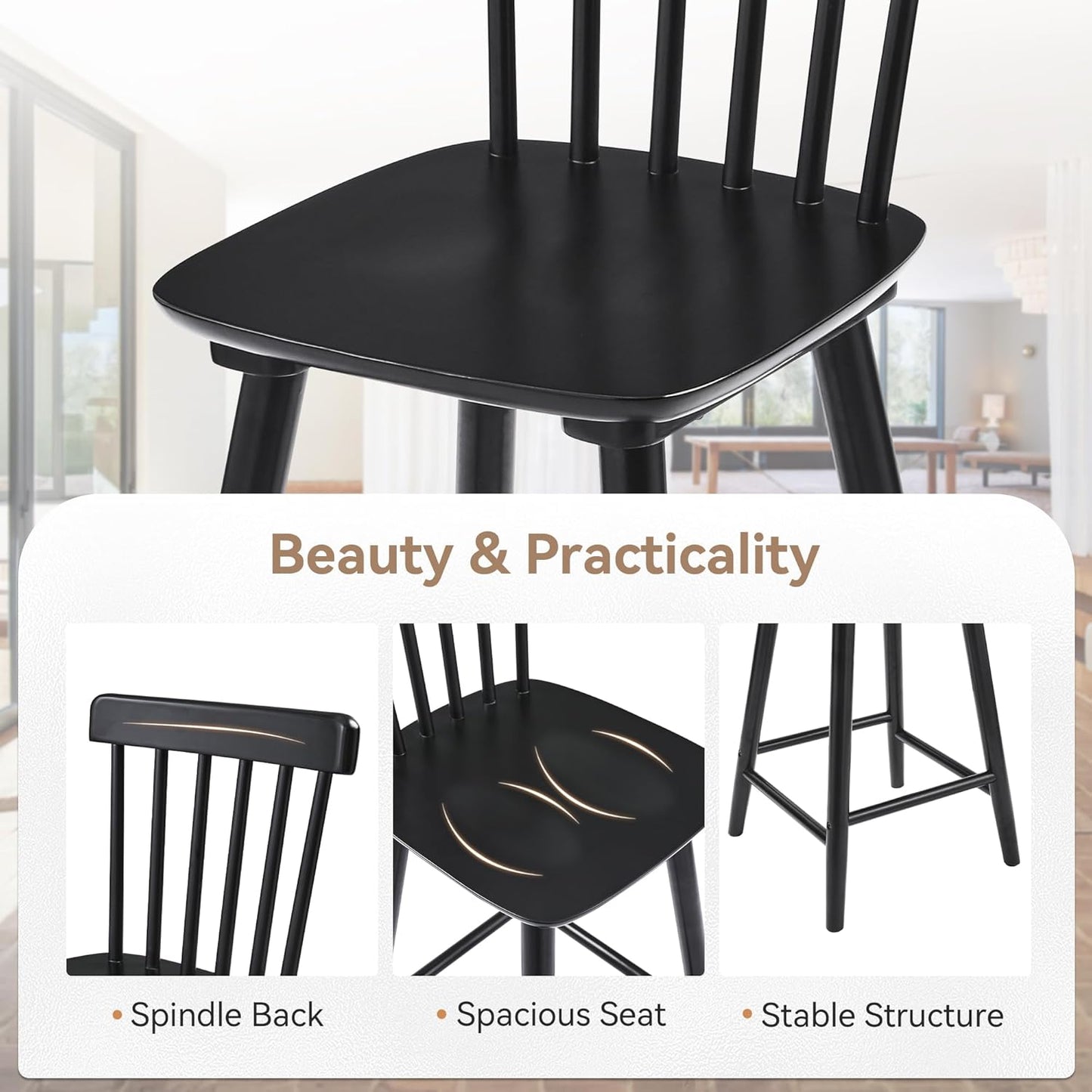 Windsor Wooden Bar Stools Set of 4 for Kitchen Island, Farmhouse 24 Inch Counter Height Stools Chairs with Spindle Back, Black