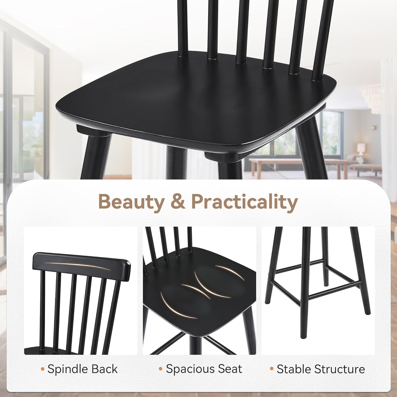 Windsor Wooden Bar Stools Set of 4 for Kitchen Island, Farmhouse 24 Inch Counter Height Stools Chairs with Spindle Back, Black