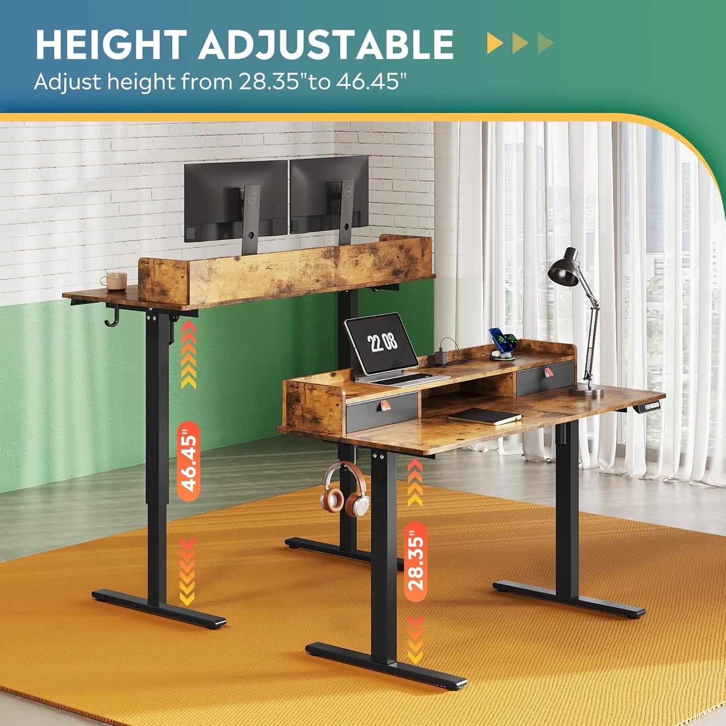 55×28 Inch Electric Standing Desk with Drawers, Computer Desk with 3 Adjustable Height, Storage Shelf, Built-In USB Outlets and Memory Preset, Sit to Stand Desk for Home Office, Rustic Brown