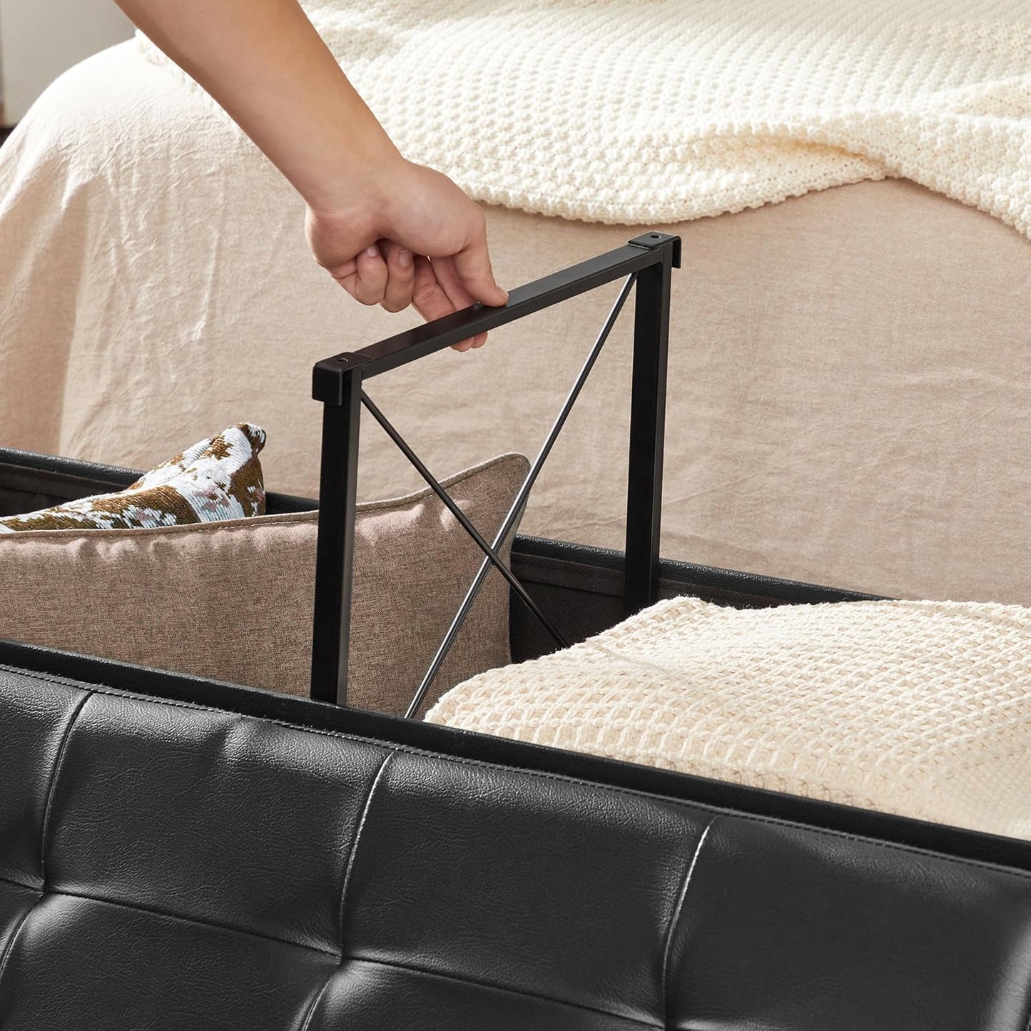 MAZIE Collection - 43 Inches Storage Ottoman Bench with Flipping Lid, Storage Chest with Iron Frame Support, Load 660 Lb, for Living Room, Bedroom, Synthetic Leather, Black ULSF75BK