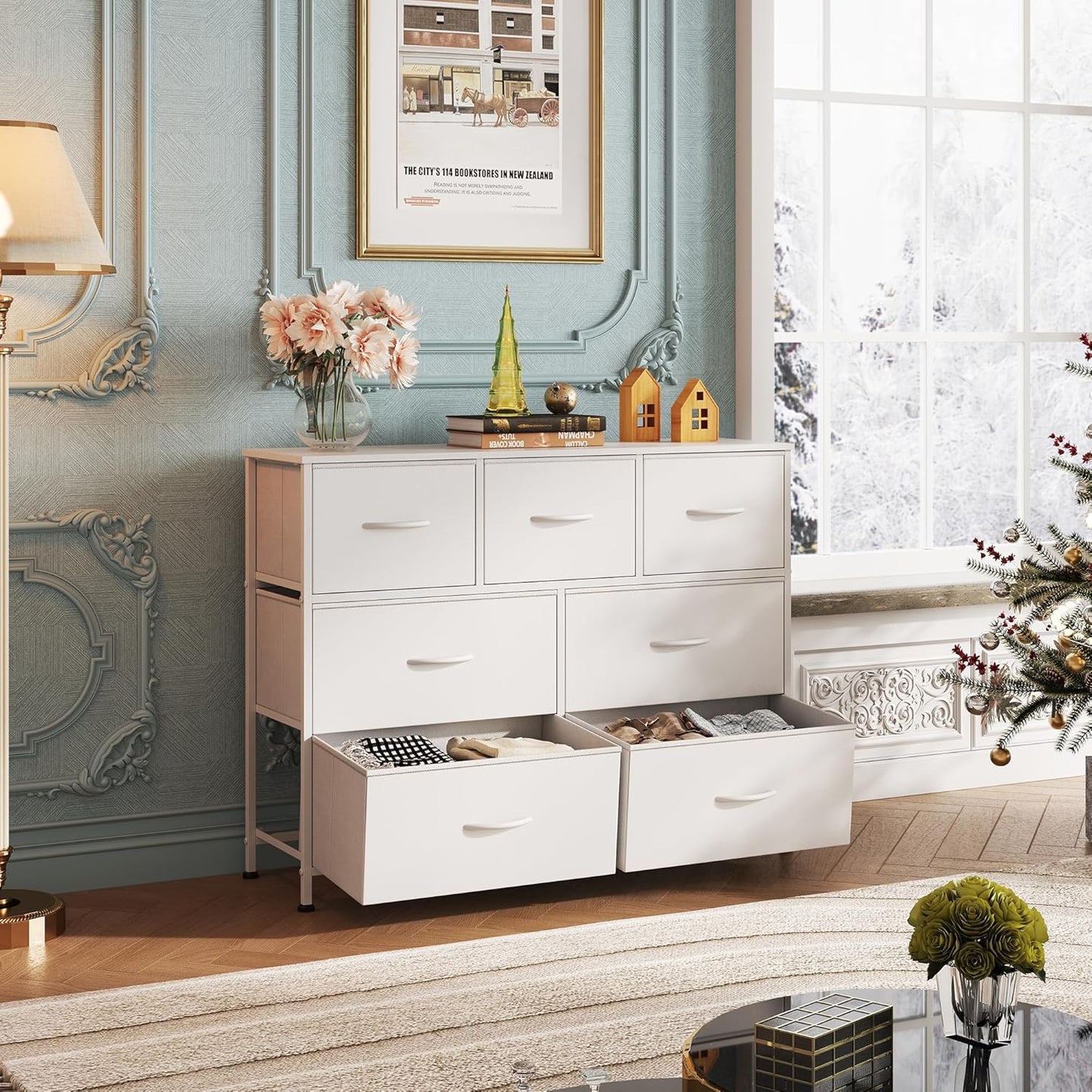 7 Drawer Dresser TV Stand, Dressers for Bedroom, Fabric Storage Tower, Hallway, Entryway, Closets, Sturdy Steel Frame, Wood Top, Easy Pull Handle, White