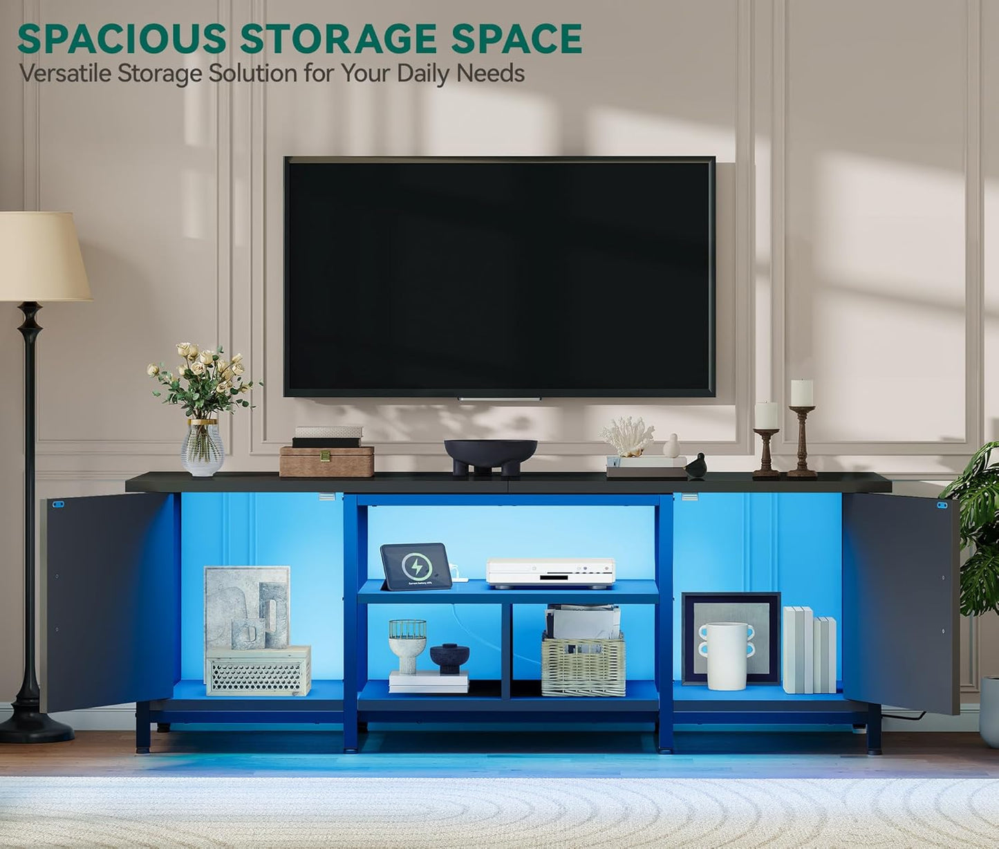 TV Stand with LED Lights & Charging Station, Farmhouse Entertainment Center with Storage Cabinets & Shelves, Cross-Pattern Doors, Fits Tvs up to 70'', TV Consoles for Living Room, Black