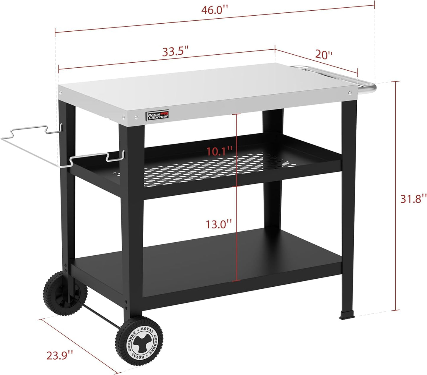 PC3404S Rolling Dining Table with Trash Bag Holder, Outdoor Garden Patio BBQ Kitchen Food Prep Table Cart, 34"L X 20"W Stainless Steel Tabletop, Silver & Black